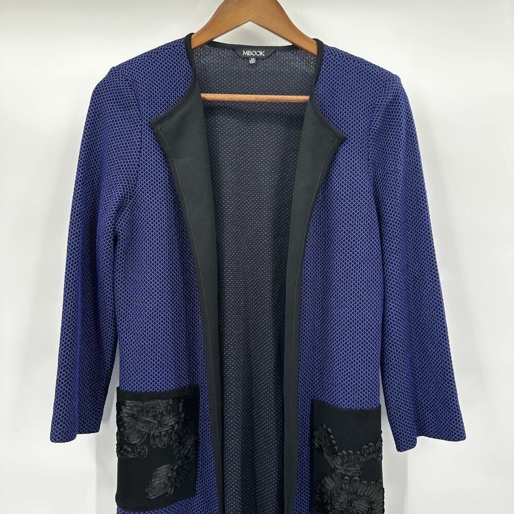 Misook Cardigan Sweater Womens XS Blue Navy Open Slinky Floral Pocket Jacket